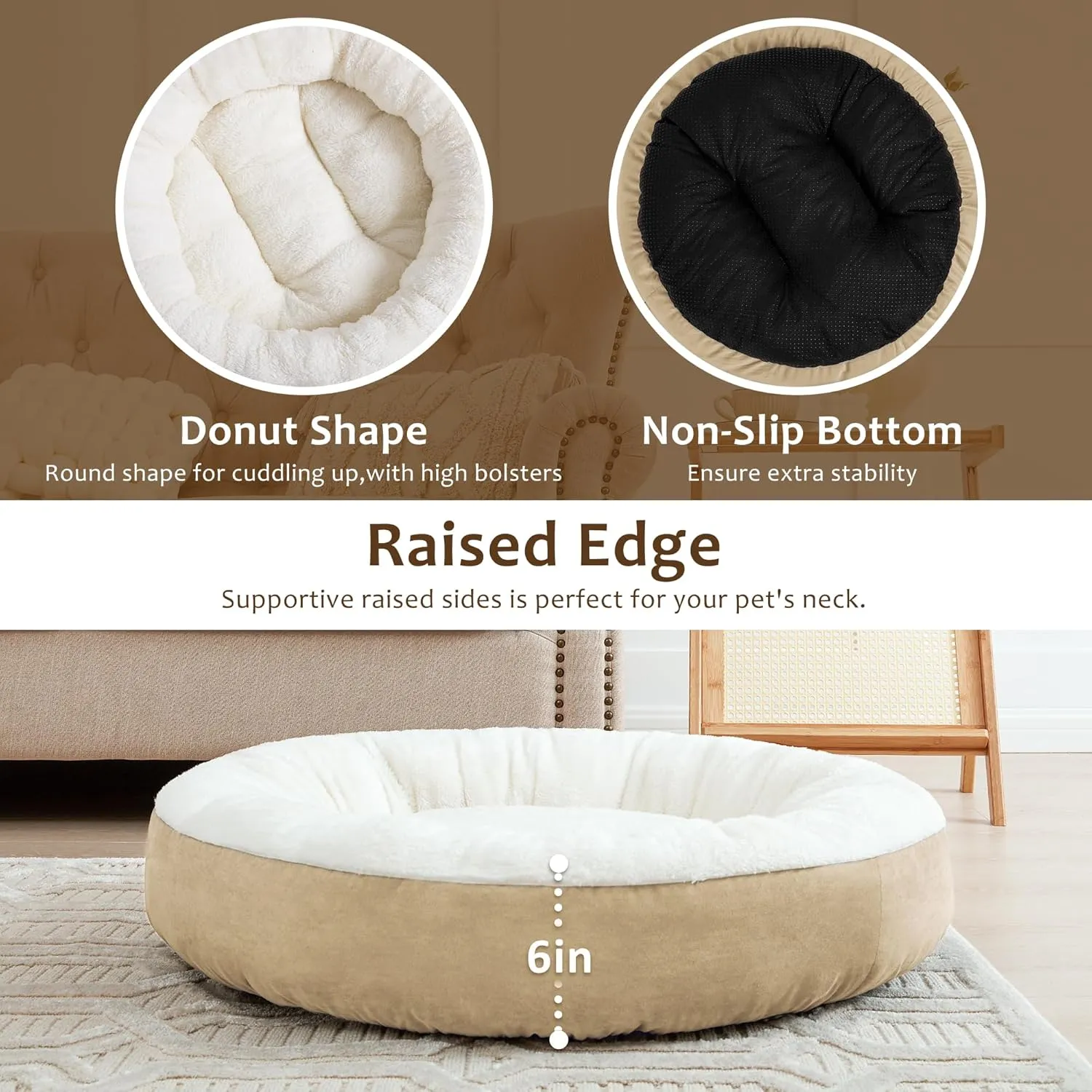 Love's cabin Round Donut Cat and Dog Cushion Bed, 20in Pet Bed for Cats or Small Dogs, Anti-Slip & Water-Resistant Bottom, Super Soft Durable Fabric Pet beds, Washable Luxury Cat & Dog Bed Camel