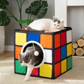 LUCKITTY Cat Condo House with Reversible Cushions and Fluffy Ball Hanging, Foldable Magic Cube, Large Cave Bed for Indoor Cats, Unique Puzzle Shape Lagre 16.5 x 16.5" x 16.5