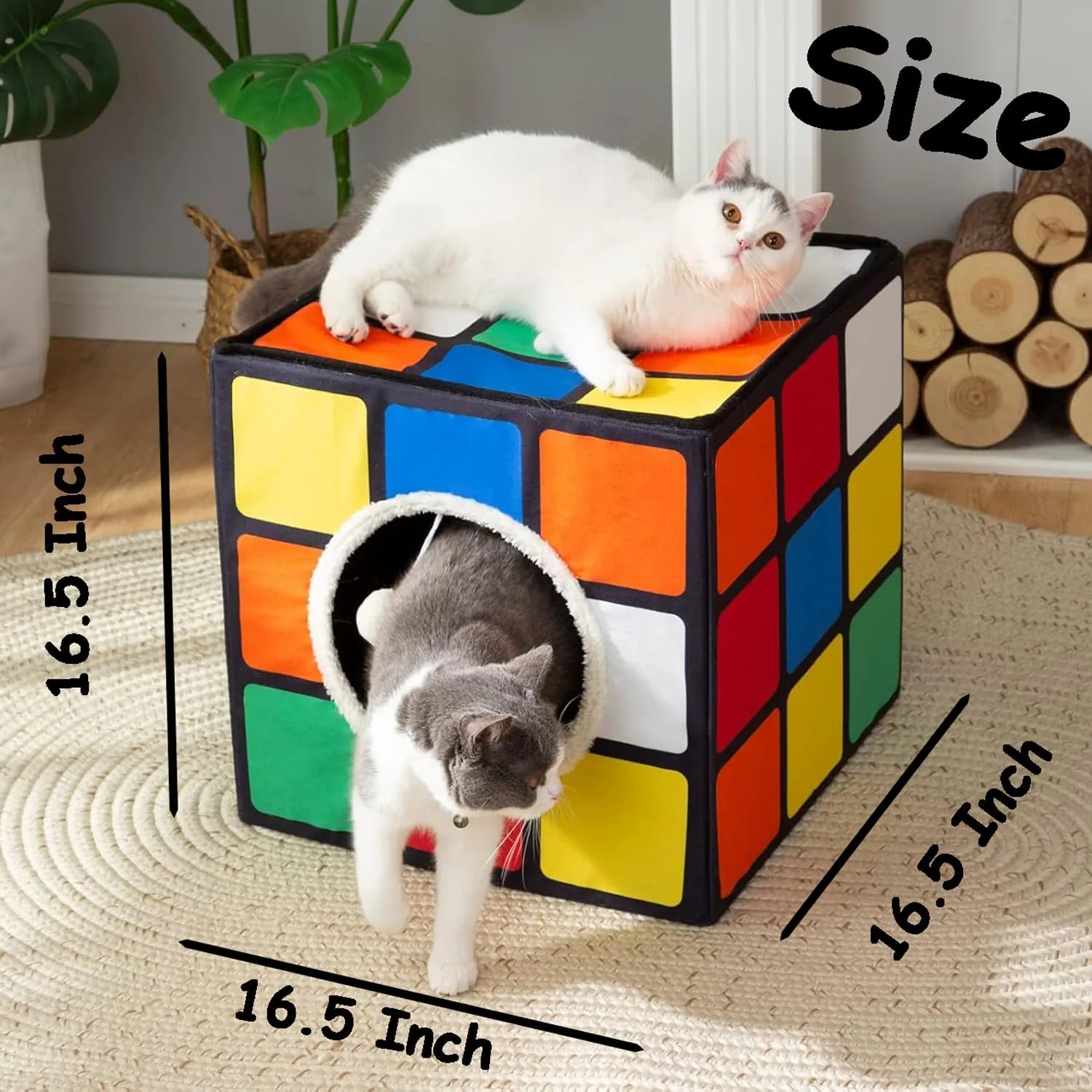 LUCKITTY Cat Condo House with Reversible Cushions and Fluffy Ball Hanging, Foldable Magic Cube, Large Cave Bed for Indoor Cats, Unique Puzzle Shape Lagre 16.5 x 16.5" x 16.5
