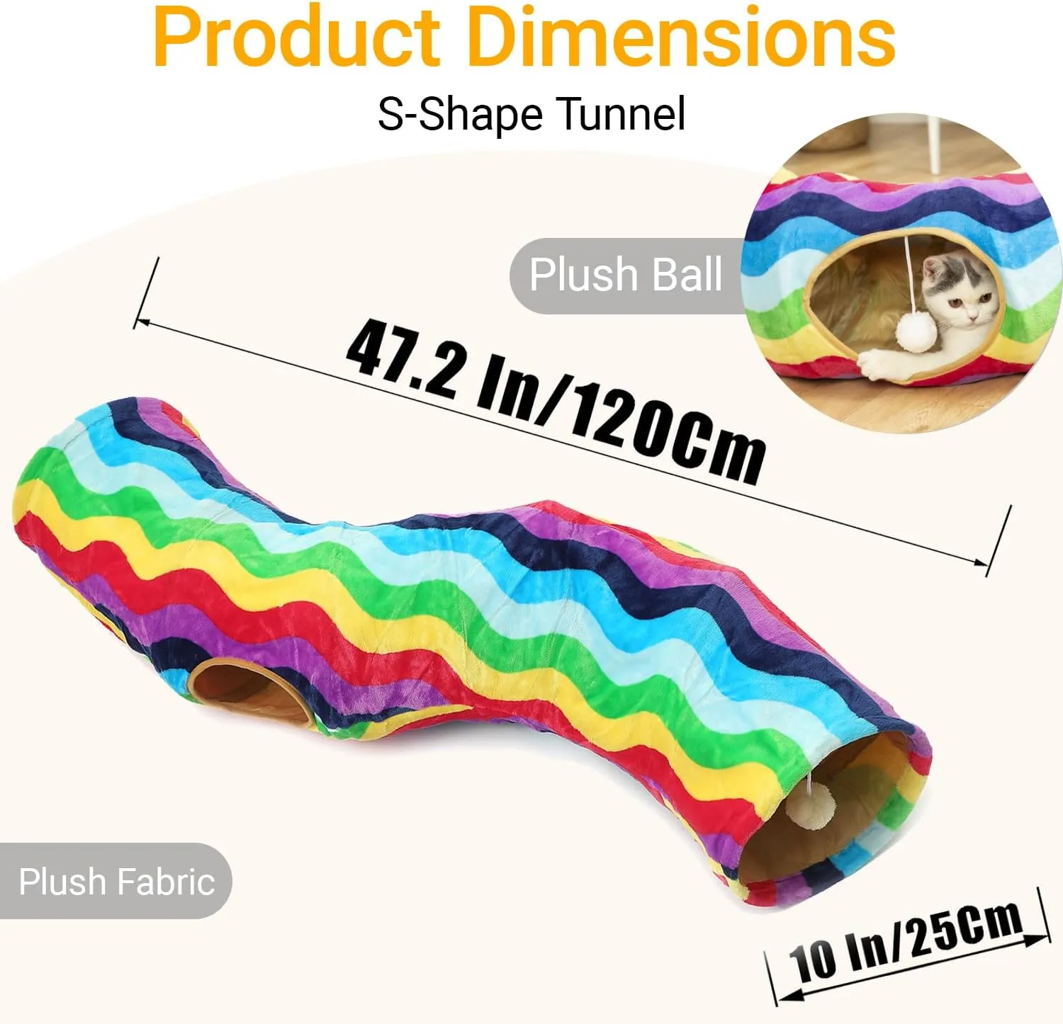 LUCKITTY Cat Tunnel - S-Shaped, Rainbow Wave Color, Soft Velvet Exterior, Oxford Fabric Fog-Proof Interior, Plush Toy Ball, Easily Washable, Conveniently Foldable, 47.2in/120cm
