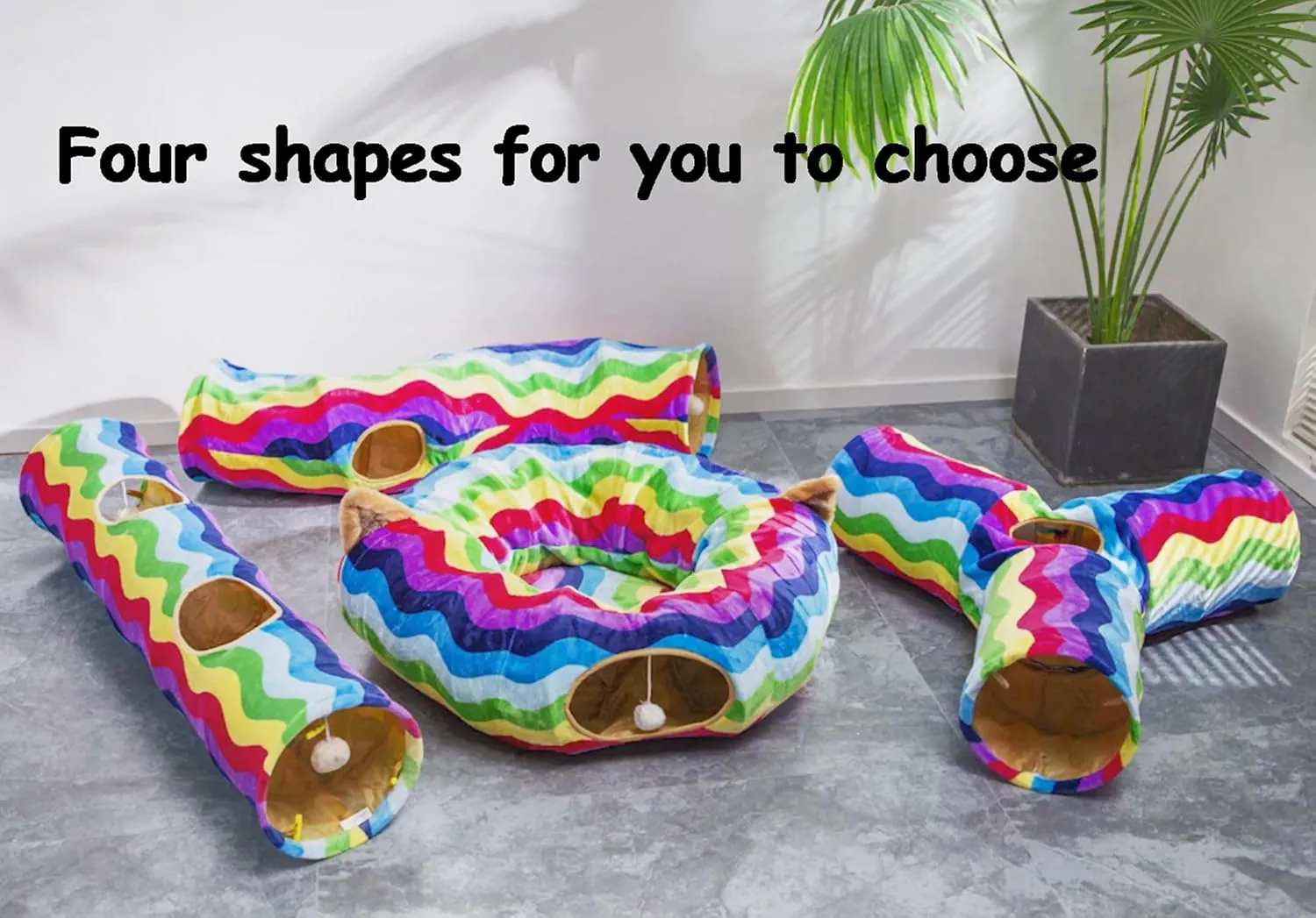 LUCKITTY Cat Tunnel - S-Shaped, Rainbow Wave Color, Soft Velvet Exterior, Oxford Fabric Fog-Proof Interior, Plush Toy Ball, Easily Washable, Conveniently Foldable, 47.2in/120cm
