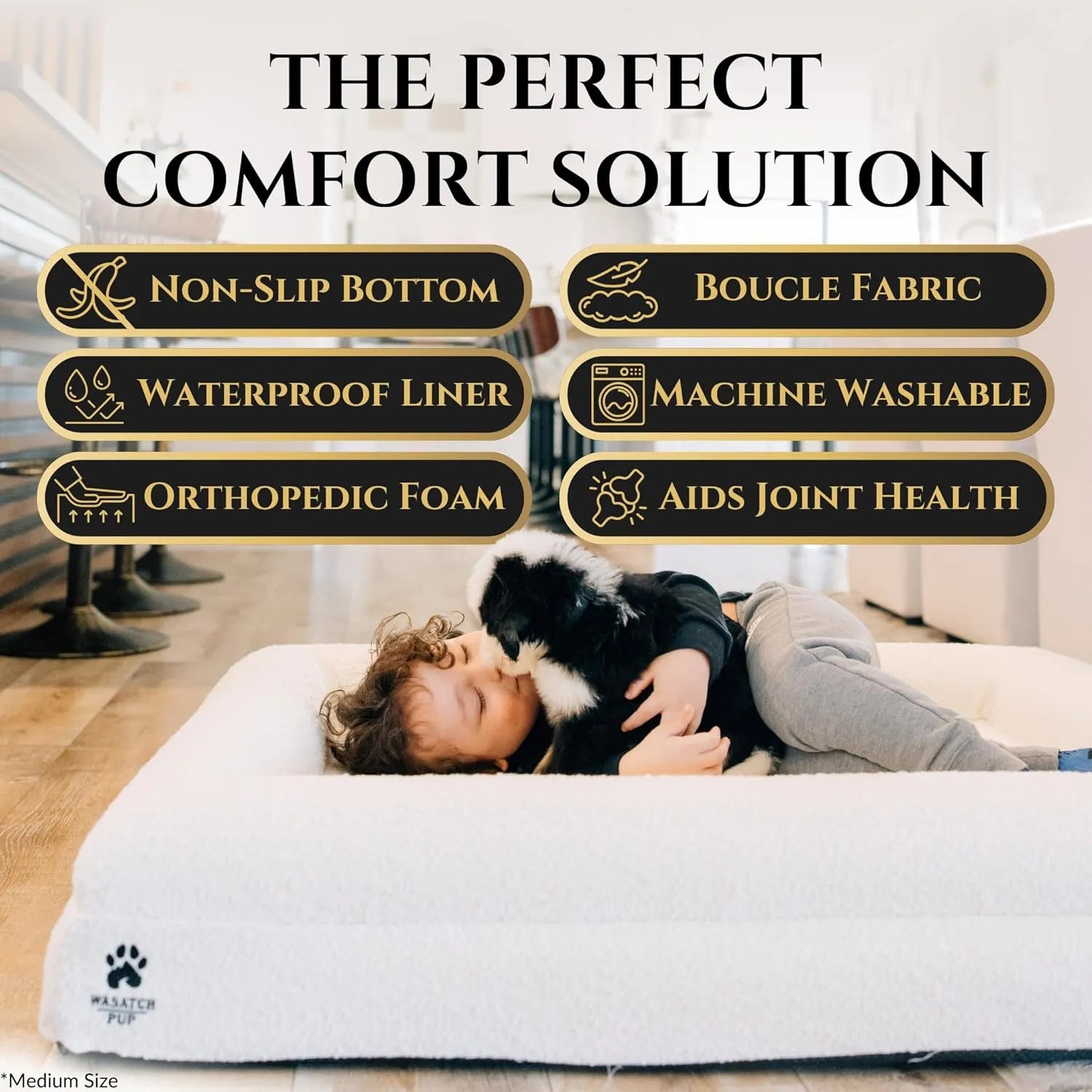 Luxury Boucle Fabric Orthopedic Large Dog Bed with Memory Foam | Breathable Comfort and Washable Dog Couch Bed with Waterproof Liner & Cover | Ideal Pet Beds for Big Dogs - Grey (45"x36x7)