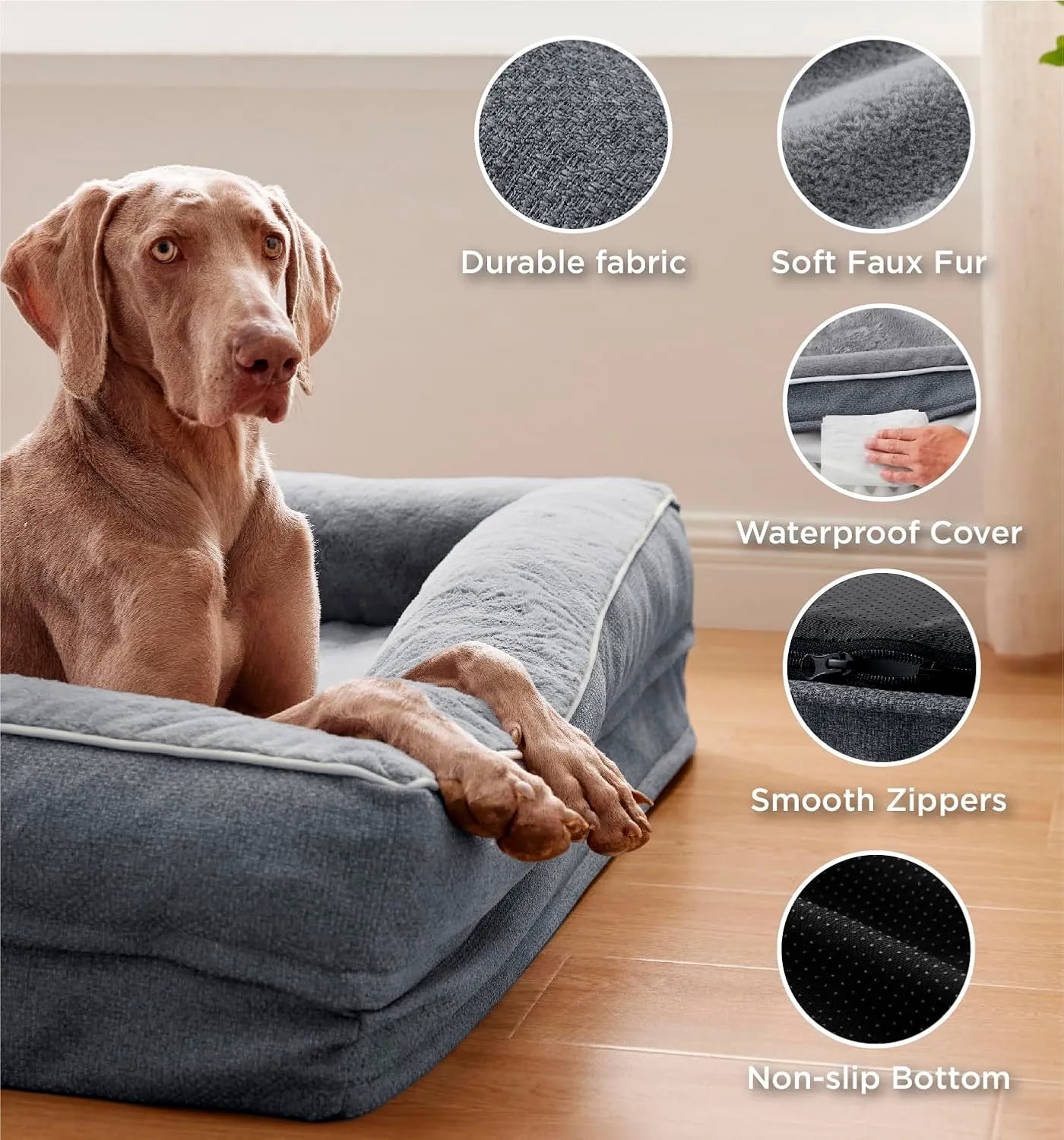 Made4Pets Orthopedic Dog Bed for Large Dogs, Supportive Foam Big Large Pet Bed Sofa with Washable Removable Cover, Waterproof Dog Couch Bed, Non-Slip Bottom and Egg-Crate Foam, Grey