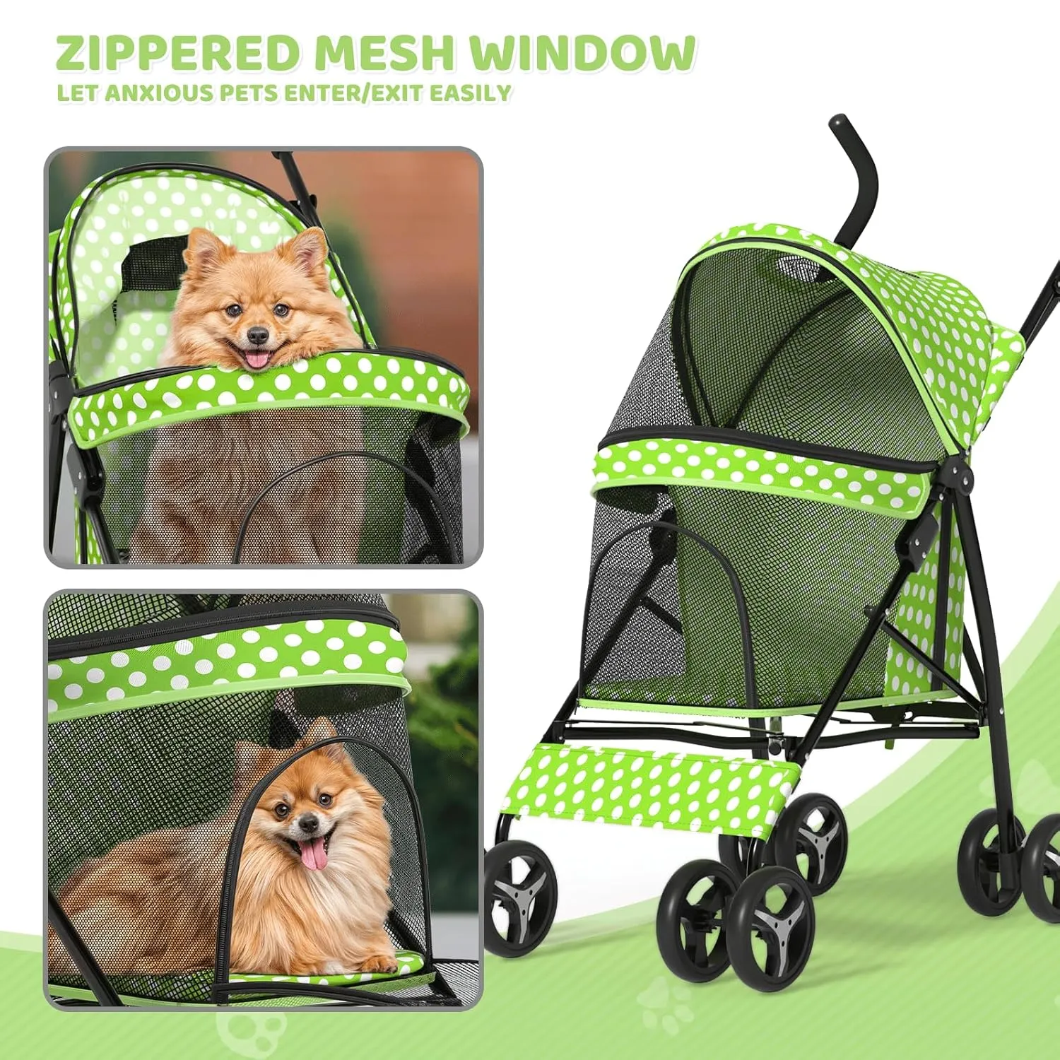 Magshion Compact Pet Stroller for Small-Medium Dogs/Cats up to 22lbs, 4-Wheel Lightweight Umbrella Shaped Portable Puppy Travel Jogger with Breathable Mesh & Rear Storage, Lawn Green Polka Dots
