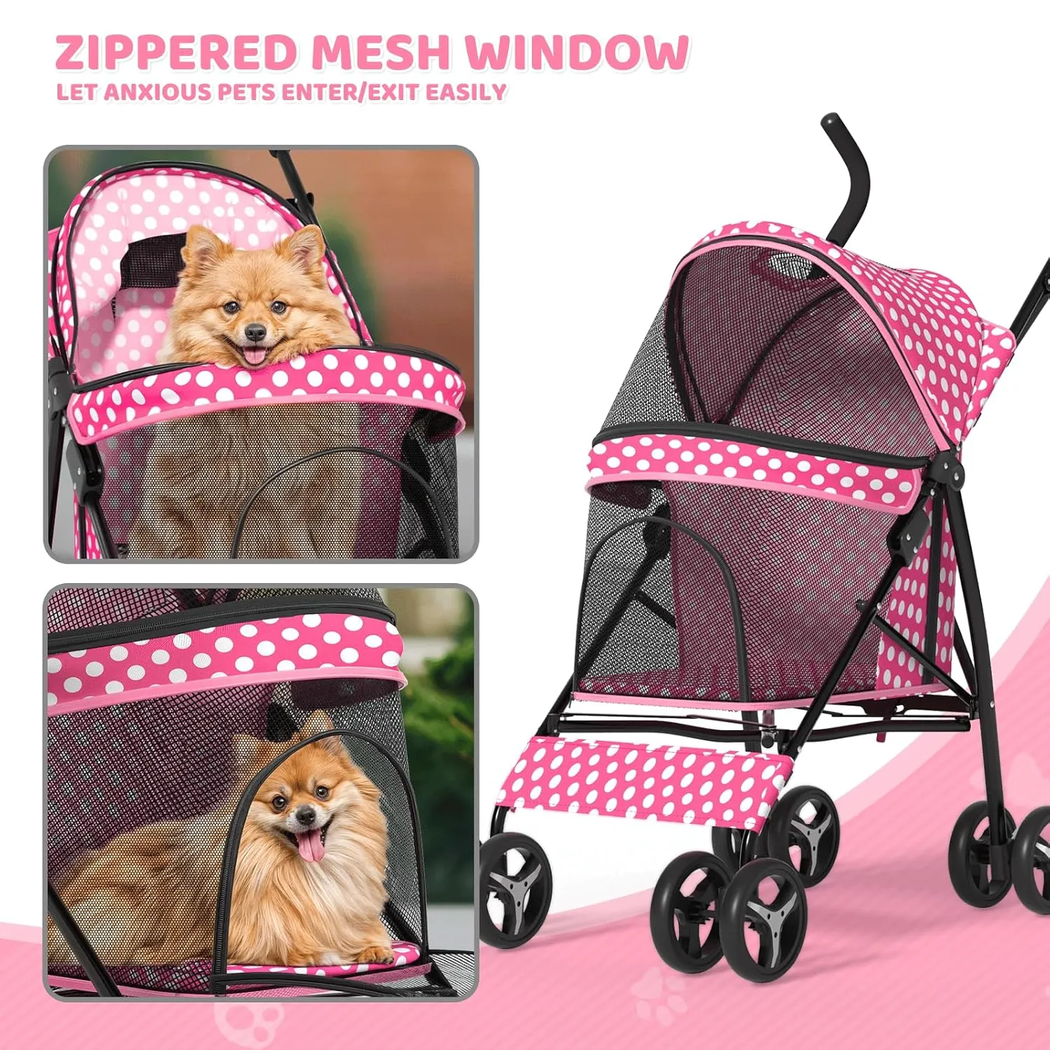 Magshion Compact Pet Stroller for Small-Medium Dogs/Cats up to 22lbs, 4-Wheel Lightweight Umbrella Shaped Portable Puppy Travel Jogger with Breathable Mesh & Rear Storage, Pink Polka Dots