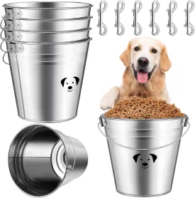 Maxcheck 6 Pcs Dog Galvanized Water Bucket Round Water Pails with 6 Pcs Double Ended Bolt Snap Hooks Metal Pail with Handles for Fences Cages Kennel Pets Food and Water Storage(5.3 Quart)