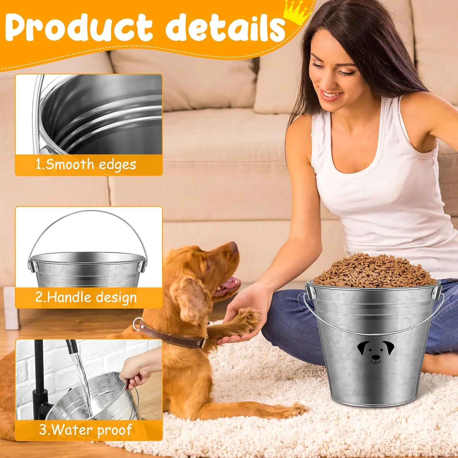 Maxcheck 6 Pcs Dog Galvanized Water Bucket Round Water Pails with 6 Pcs Double Ended Bolt Snap Hooks Metal Pail with Handles for Fences Cages Kennel Pets Food and Water Storage(5.3 Quart)