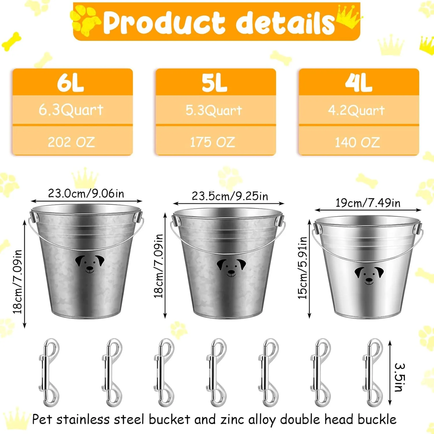 Maxcheck 6 Pcs Dog Galvanized Water Bucket Round Water Pails with 6 Pcs Double Ended Bolt Snap Hooks Metal Pail with Handles for Fences Cages Kennel Pets Food and Water Storage(5.3 Quart)