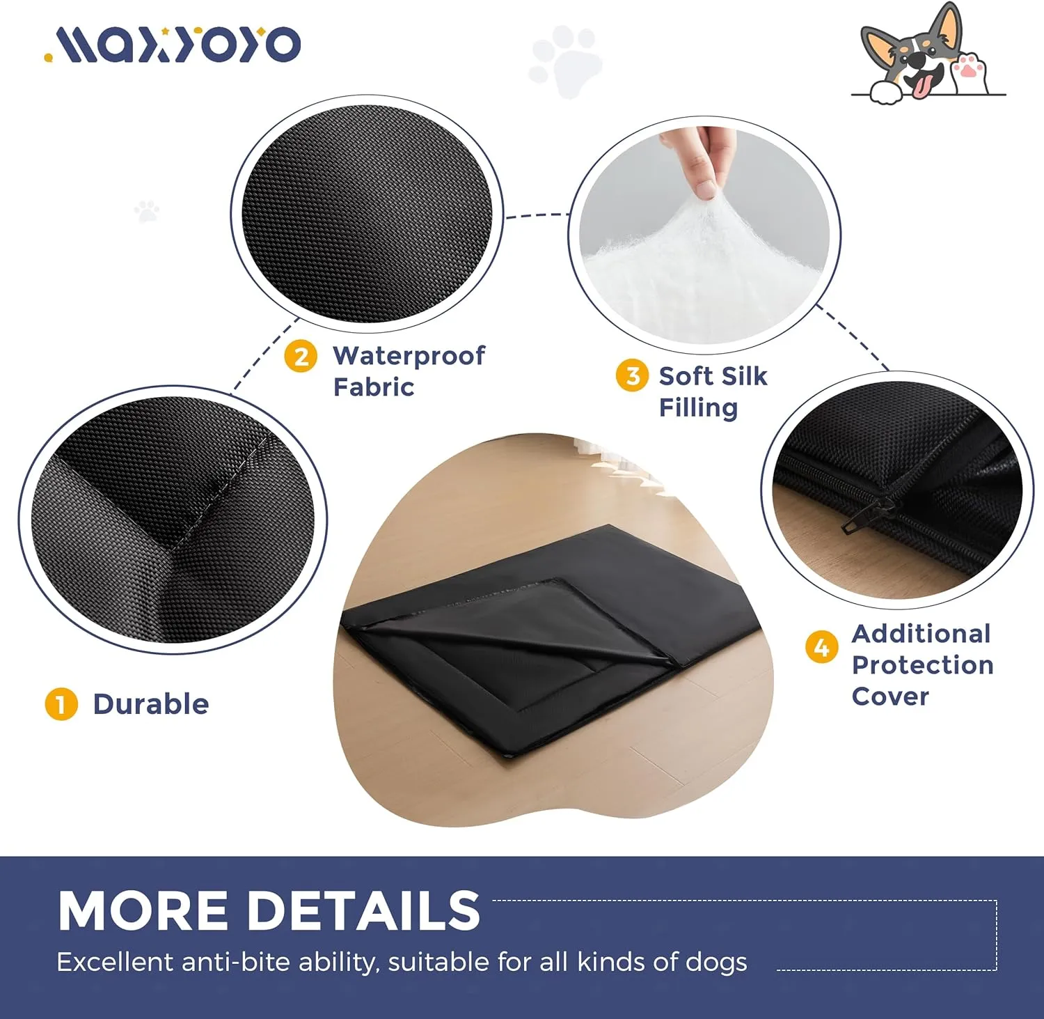 MAXYOYO Chew Proof Dog Beds, Indestructible Dog Crate Pad for Aggressive Chewers, Machine Washable Mat with a Removable Protect Cover