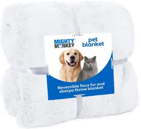 MIGHTY MONKEY Pet Blanket, 40x47, Soft Reversible Sherpa Cat and Dog Blanket, Machine Washable, Plush, Warm and Cozy Faux Fur Throw, Puppy Bed Cover, for Crates, Couch, Car, Large Size, Cloud White