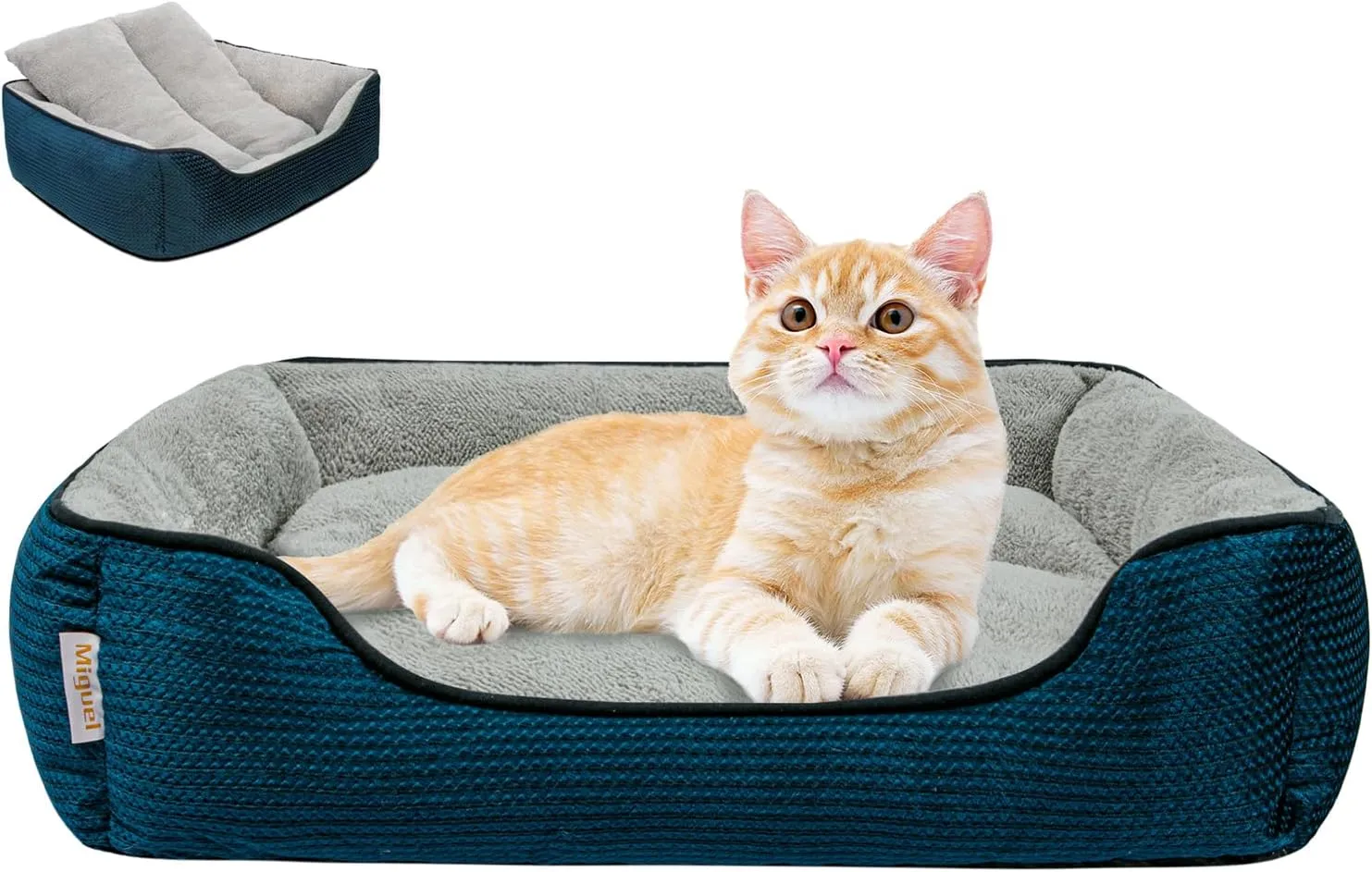 Miguel Washable Cat Beds - Indoor Cats, Removable Cushion, Small Dog Bed, Anti-Slip Bottom, Cuddle Puppy, Blue 20 Inch