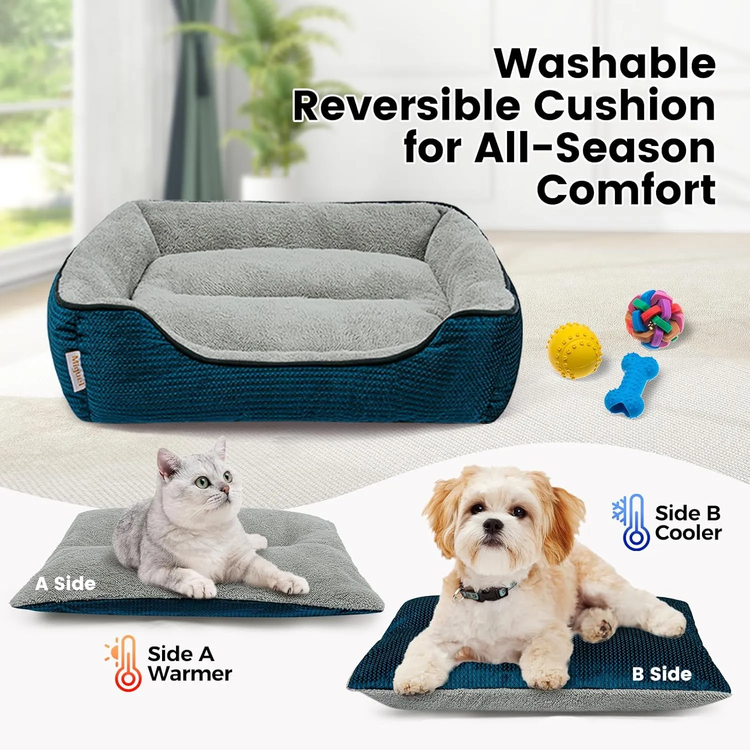Miguel Washable Cat Beds - Indoor Cats, Removable Cushion, Small Dog Bed, Anti-Slip Bottom, Cuddle Puppy, Blue 20 Inch