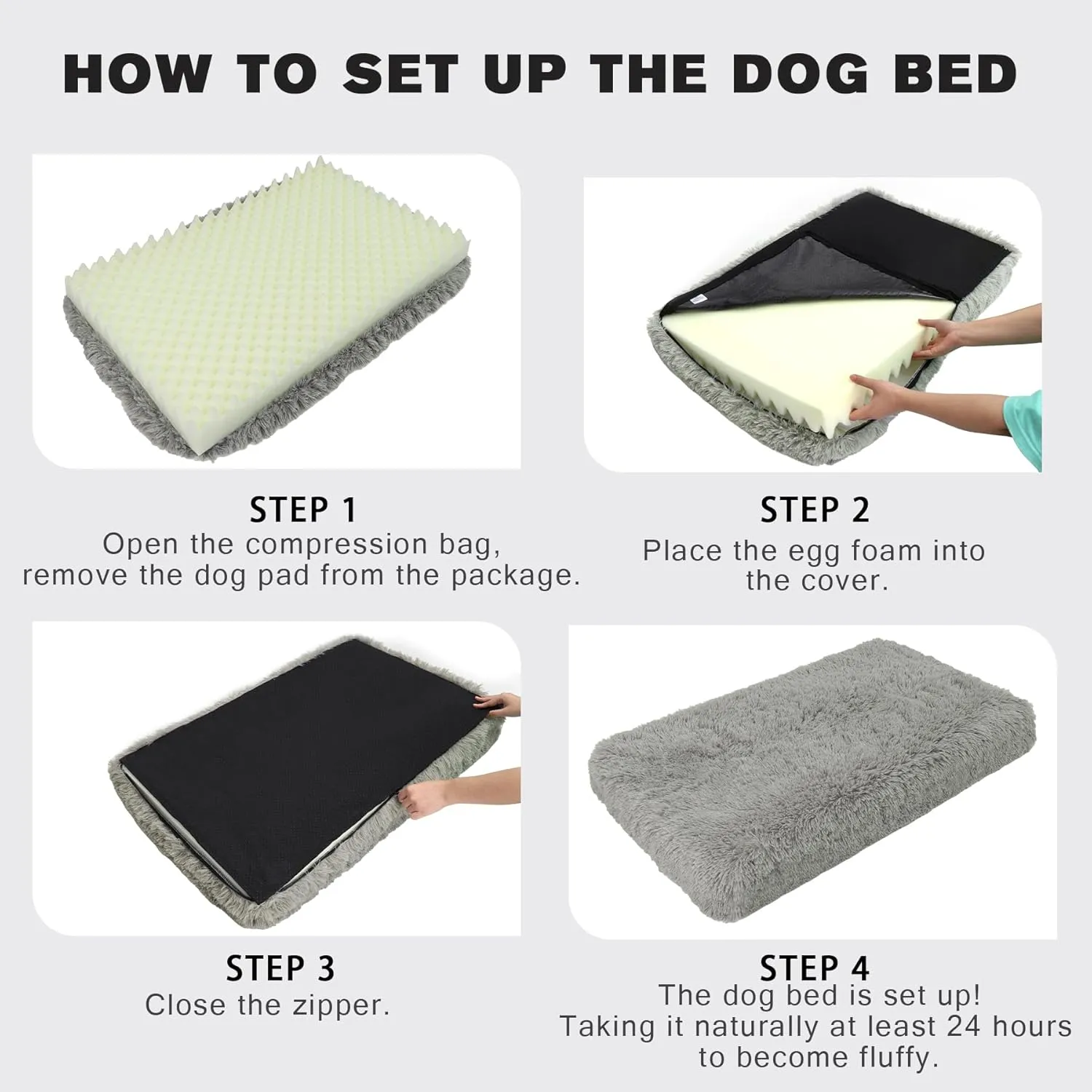 MIHIKK Large Dog Bed, Orthopedic Egg Crate Foam Bed with Removable Washable Cover, Waterproof Mattress, Comfy Anti-Anxiety Pet Bed, 35x22 inch, Gray