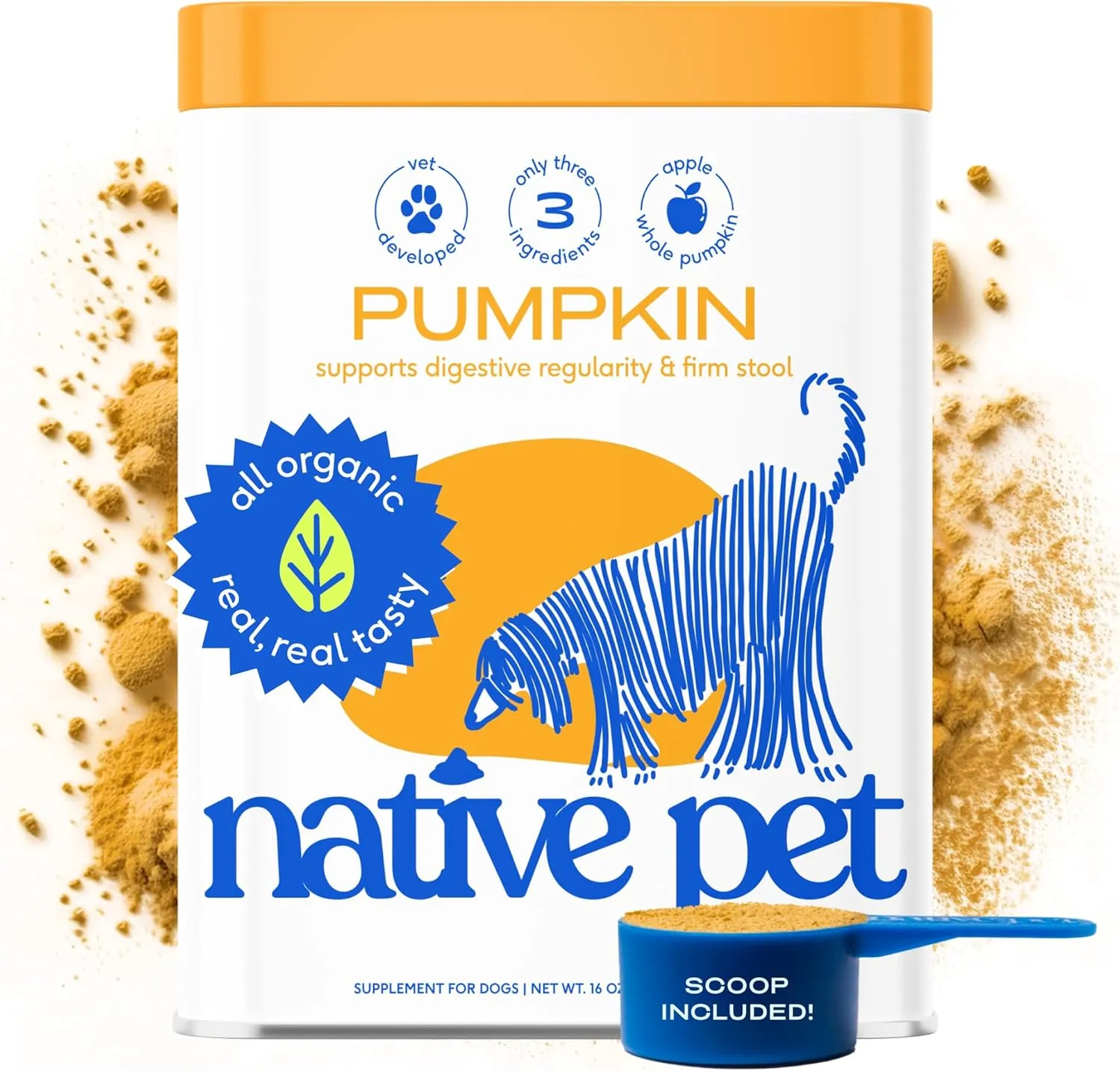 Native Pet Pumpkin for Dogs - Organic Powder Pumpkin Puree Dog Food Toppers -Rich in Fiber Supplement Powder Helps with Digestion, Nutrient Absorption, Diarrhea, Constipation & Upset Stomach-60 Scoops