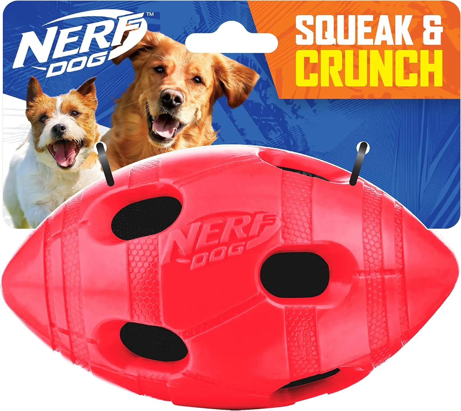 Nerf Dog Rubber Football Dog Toy with Interactive Squeaker and Crunch, Lightweight, Durable and Water Resistant, 6 Inch Diameter for Medium/Large Breeds, Single Unit, Red