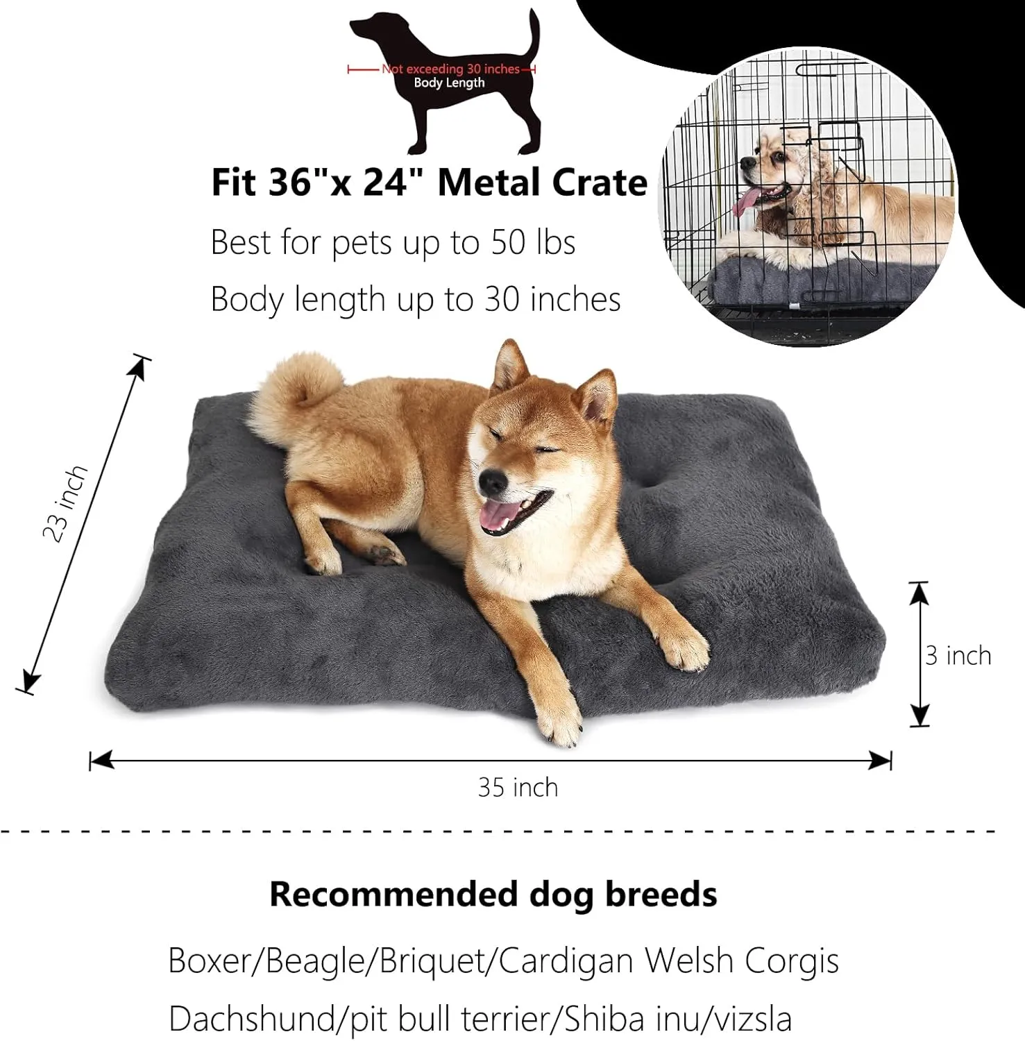 nononfish 36 inch Dog Crate Bed for Large Sized Dog Washable,Extra Soft Kennel Pad for 36 x 24 Crates or Cage with Anti-Slip Bottom,Deluxe Faux Fur Pet Sleeping Mat Helps Ease Pet Anxiety,Dark Grey