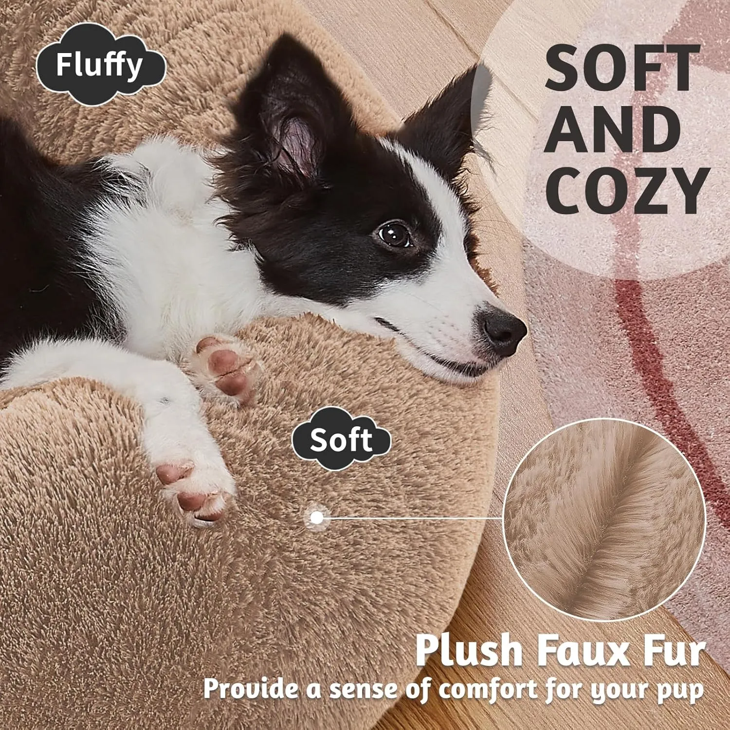 OhGeni Calming Donut Dog Bed Pillow for Large Pets, Machine Washable Removable Cover, Comfort Plush Fluffy Faux Fur with Anti-Slip Bottom, Cats-Friendly Round Cuddly Design, Ocher, 36 inches