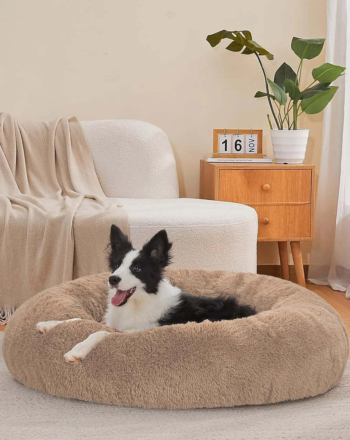 OhGeni Calming Donut Dog Bed Pillow for Large Pets, Machine Washable Removable Cover, Comfort Plush Fluffy Faux Fur with Anti-Slip Bottom, Cats-Friendly Round Cuddly Design, Ocher, 36 inches