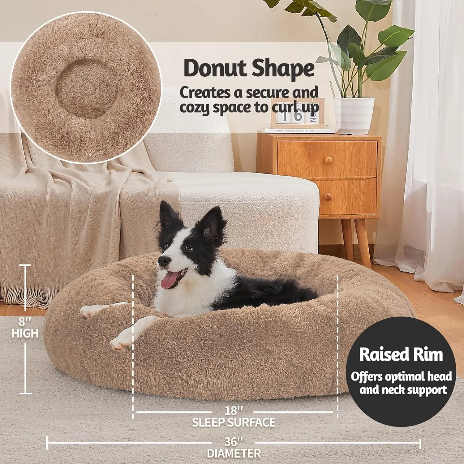 OhGeni Calming Donut Dog Bed Pillow for Large Pets, Machine Washable Removable Cover, Comfort Plush Fluffy Faux Fur with Anti-Slip Bottom, Cats-Friendly Round Cuddly Design, Ocher, 36 inches