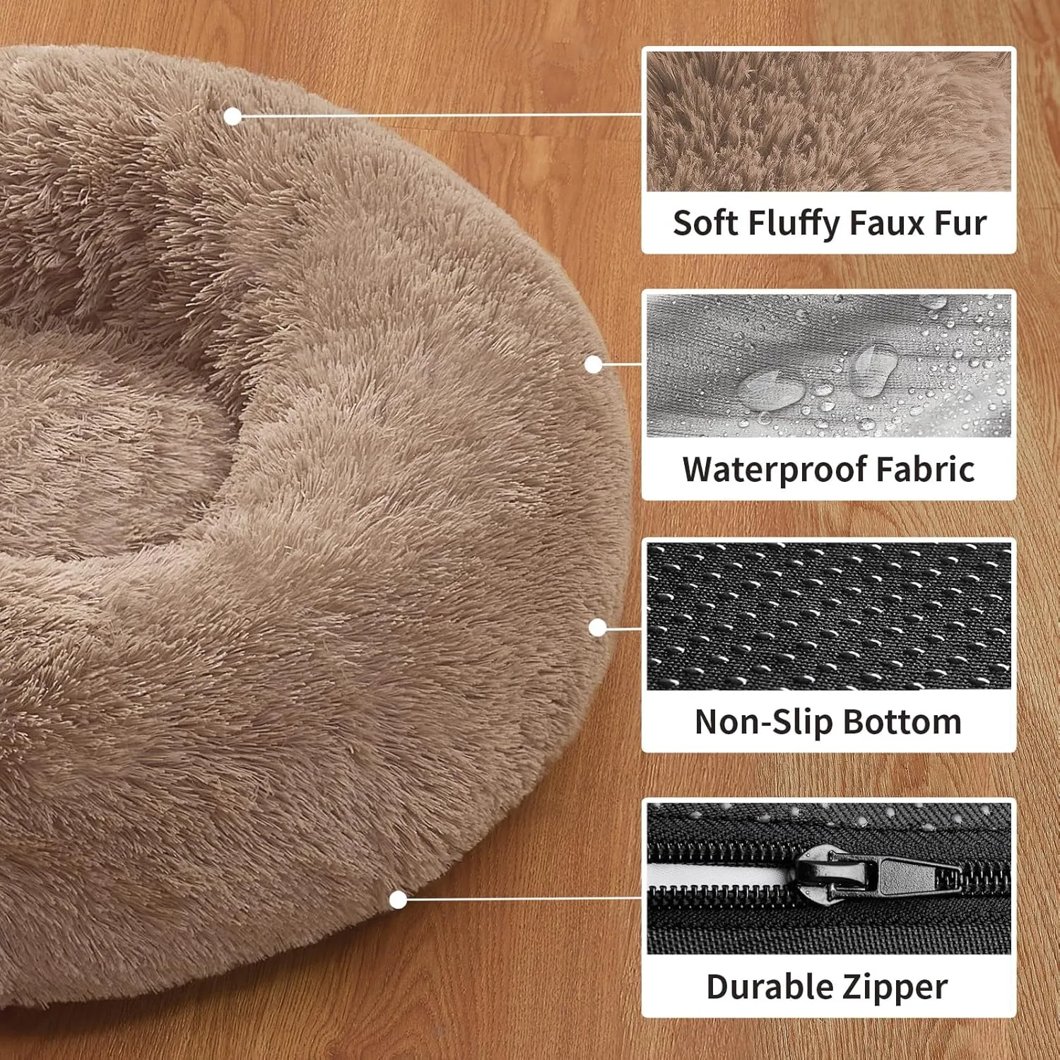 OhGeni Calming Donut Dog Bed Pillow for Large Pets, Machine Washable Removable Cover, Comfort Plush Fluffy Faux Fur with Anti-Slip Bottom, Cats-Friendly Round Cuddly Design, Ocher, 36 inches