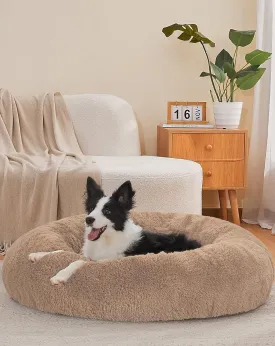 OhGeni Calming Donut Dog Bed Pillow for Large Pets, Machine Washable Removable Cover, Comfort Plush Fluffy Faux Fur with Anti-Slip Bottom, Cats-Friendly Round Cuddly Design, Ocher, 36 inches