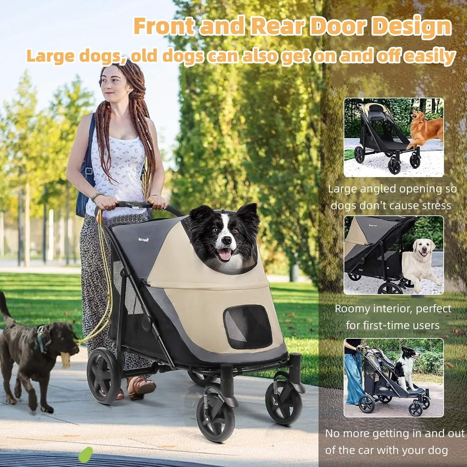 One-Click Folding Dog Stroller for 2 Dogs - 4 Wheel Jogger with Storage Pocket - Suitable for Pets Up to 110LBS (Beige & Grey)