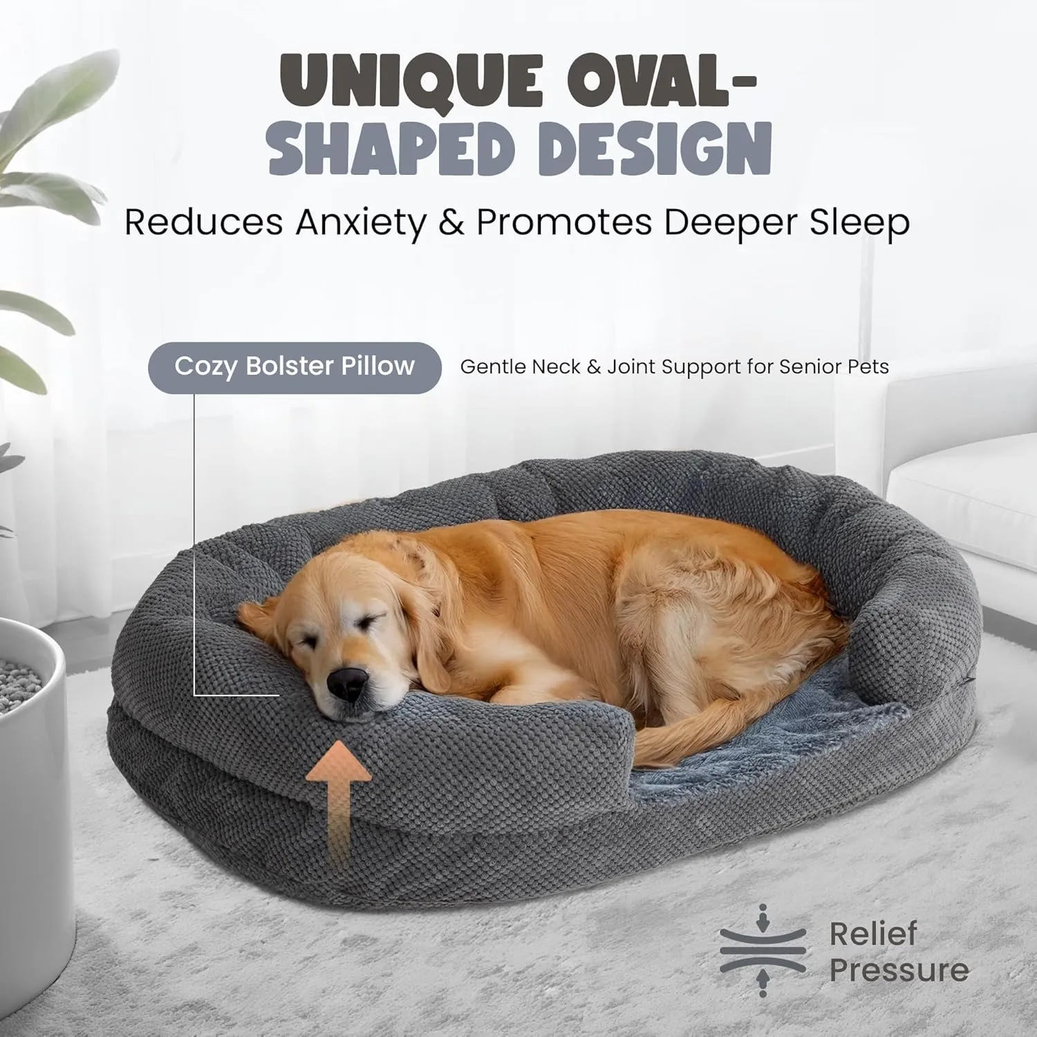 Orthopedic Dog Bed for Large Dogs, Washable Oval Dog Couch Bed with Sides, Soft and Comfort, Calming Sleeping Pet Bed Durable Pet Cuddler with Anti-Slip Bottom, 35 x 26 x 7 inch (Grey)