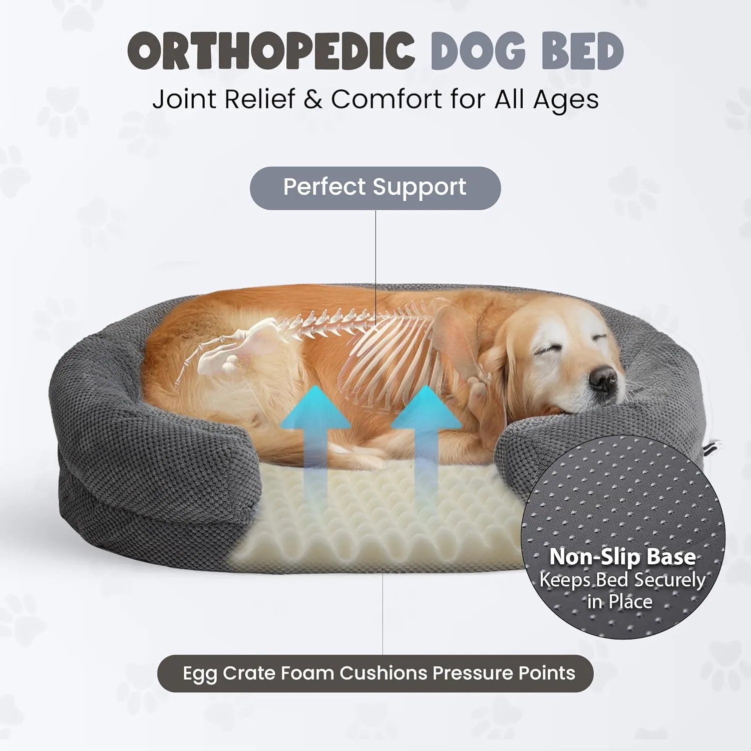 Orthopedic Dog Bed for Large Dogs, Washable Oval Dog Couch Bed with Sides, Soft and Comfort, Calming Sleeping Pet Bed Durable Pet Cuddler with Anti-Slip Bottom, 35 x 26 x 7 inch (Grey)