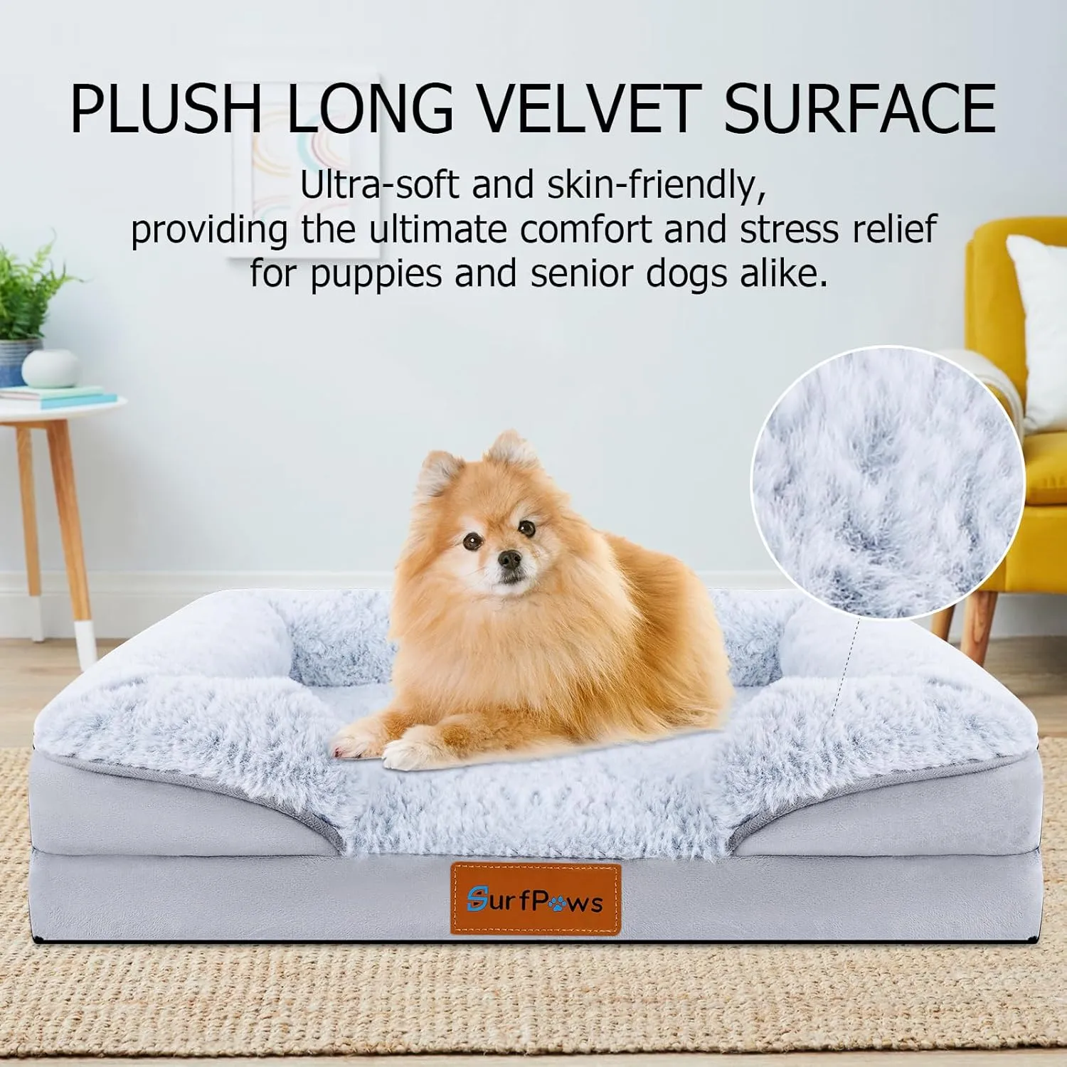 Orthopedic Dog Bed with Memory Foam - Luxurious Plush Surface, Removable & Washable Cover, Non-Slip Bottom, Dog Sizes (Large)