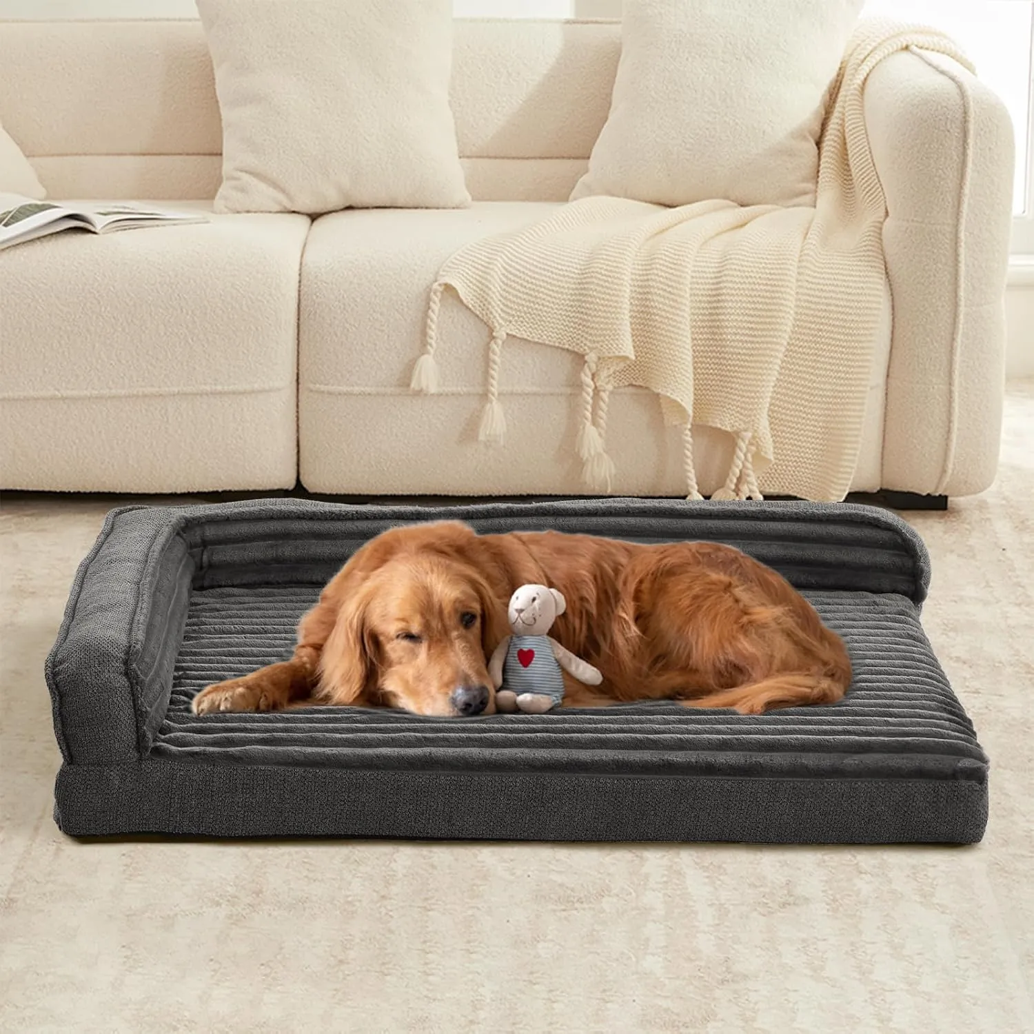 Orthopedic Dog Beds for Extra Large, XXLarge Dogs, Waterproof Egg Foam Dog Sofa Bed with L Bolster Sides, Washable Pet Bed with Removable Cover & Non-Slip Bottom, 46 x 30 inch, Gray