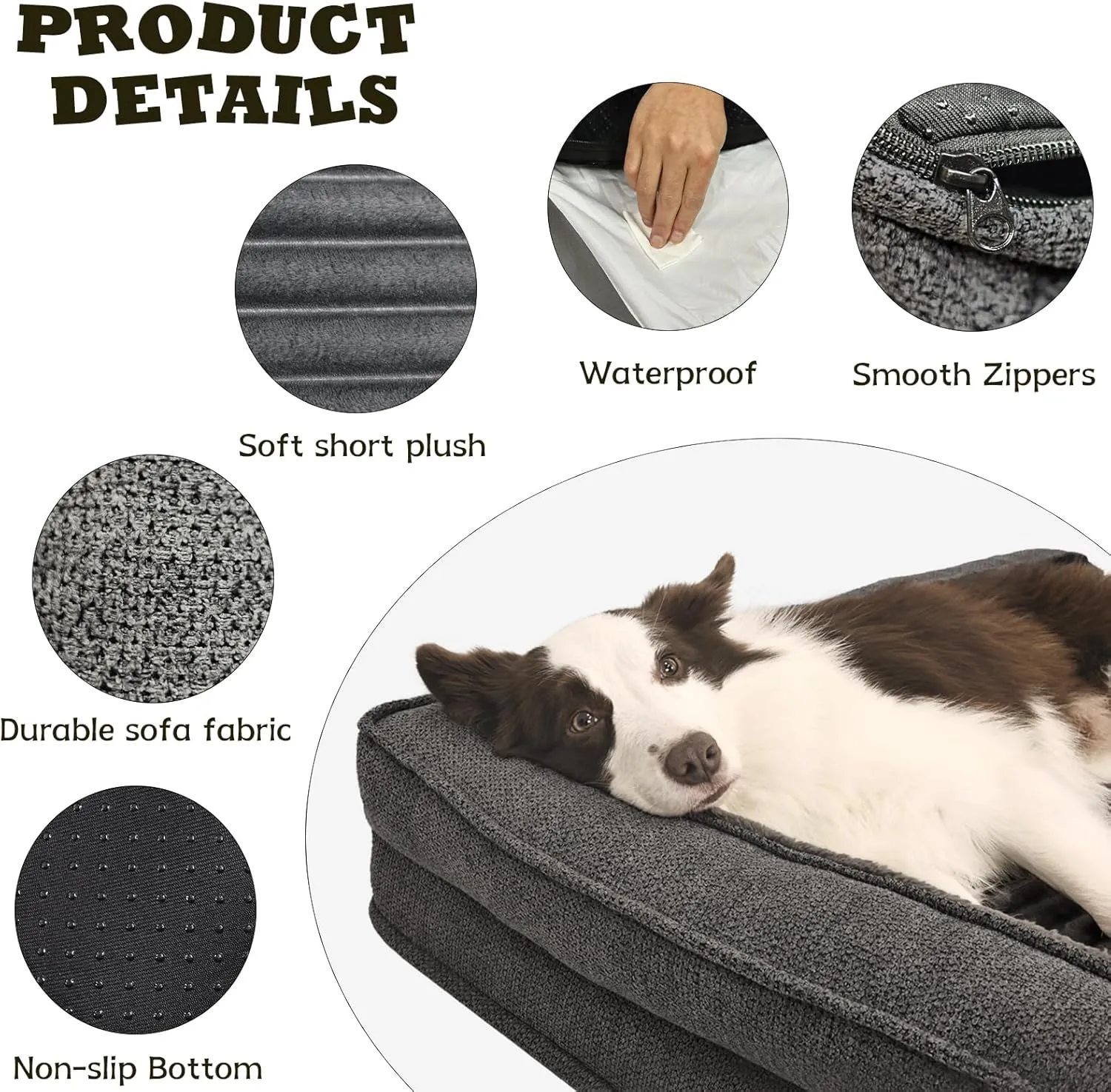 Orthopedic Dog Beds for Extra Large, XXLarge Dogs, Waterproof Egg Foam Dog Sofa Bed with L Bolster Sides, Washable Pet Bed with Removable Cover & Non-Slip Bottom, 46 x 30 inch, Gray