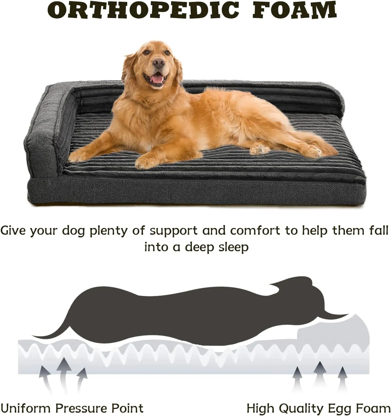 Orthopedic Dog Beds for Extra Large, XXLarge Dogs, Waterproof Egg Foam Dog Sofa Bed with L Bolster Sides, Washable Pet Bed with Removable Cover & Non-Slip Bottom, 46 x 30 inch, Gray
