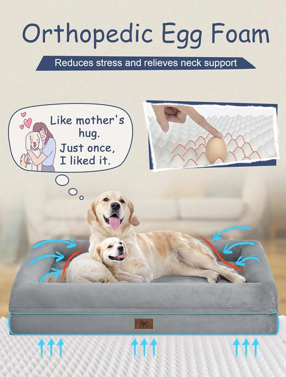 Orthopedic Washable Dog Bed for Extra Large Dogs: XL Dog Bed with 4 Bolster Sides, Non-Slip and Egg-Crate Foam Big Pet Sofa with Waterproof Removable Cover