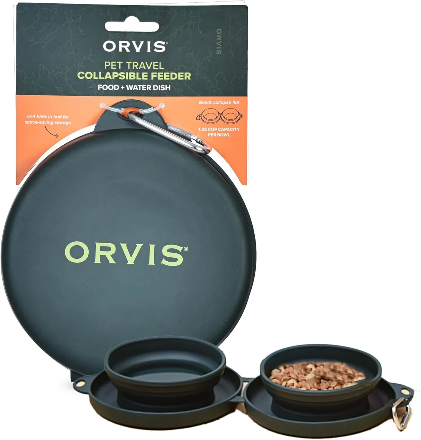Orvis Pet Travel Collapsible Feeder with Food   Water Dish, 2-in-1, BPA Free, Food-Grade Silicone | Space-Saving Pet Travel Bowls, Nonslip Bottom   Carabiner Clip