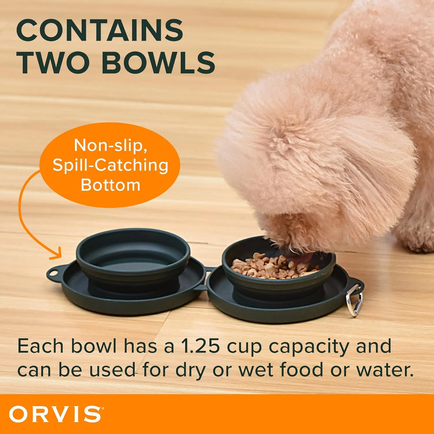 Orvis Pet Travel Collapsible Feeder with Food   Water Dish, 2-in-1, BPA Free, Food-Grade Silicone | Space-Saving Pet Travel Bowls, Nonslip Bottom   Carabiner Clip