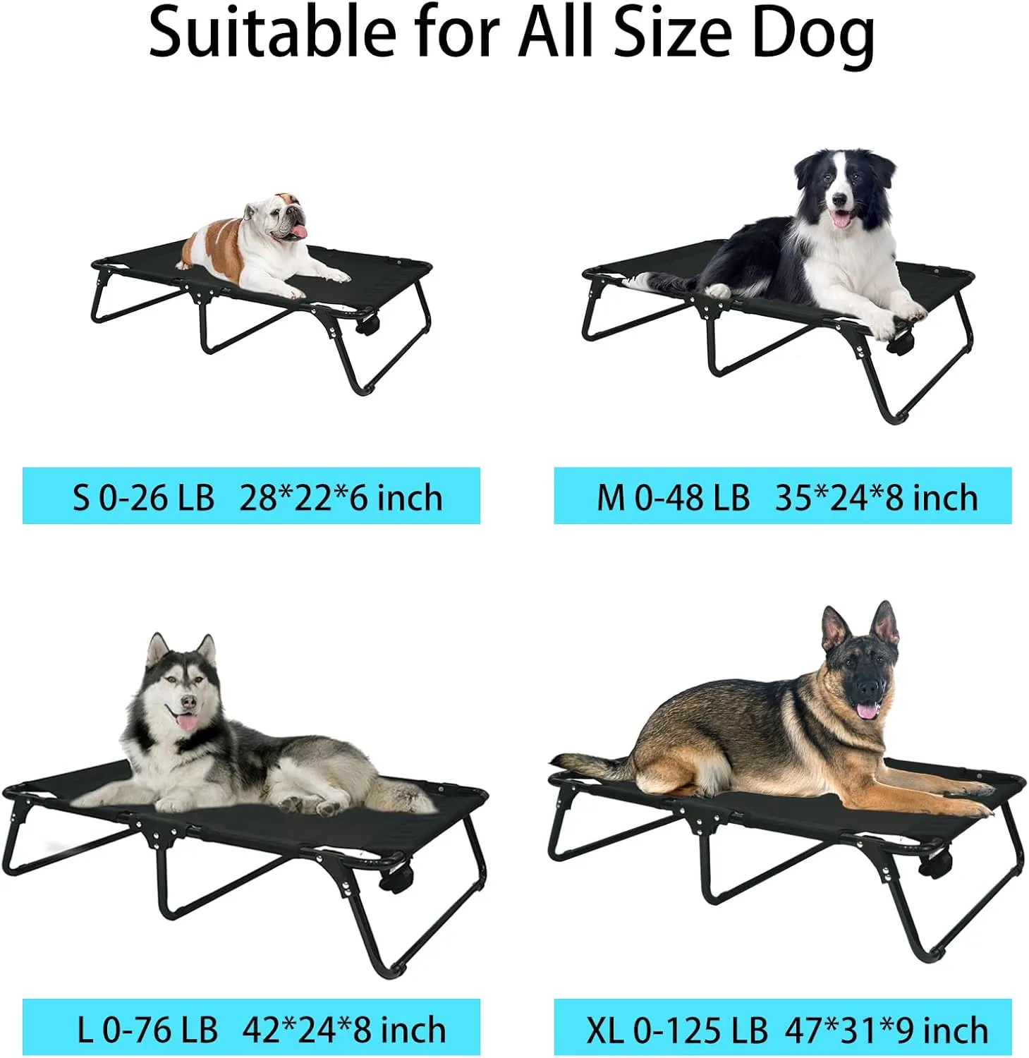 Outdoor Elevated Dog Bed Cooling Raised Dog Cots Black Pet Beds with Breathable Mesh Folding Large Pet Hammock Bed Multiple Sizes for Small Meduim Large Dogs