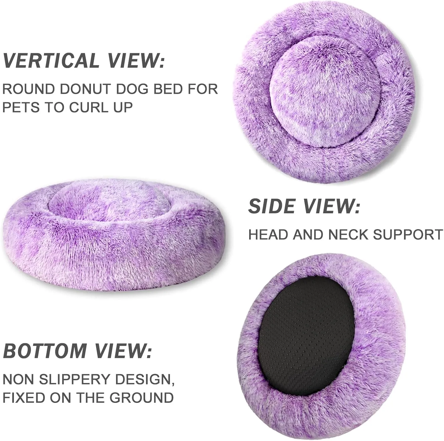 Patas Lague Calming Dog Bed for Small Dogs, Fluffy Soft Cozy Cat Bed, Faux Fur Anti-Anxiety Plush Washable Pet Donut Cuddler for All Seasons 20IN, Purple