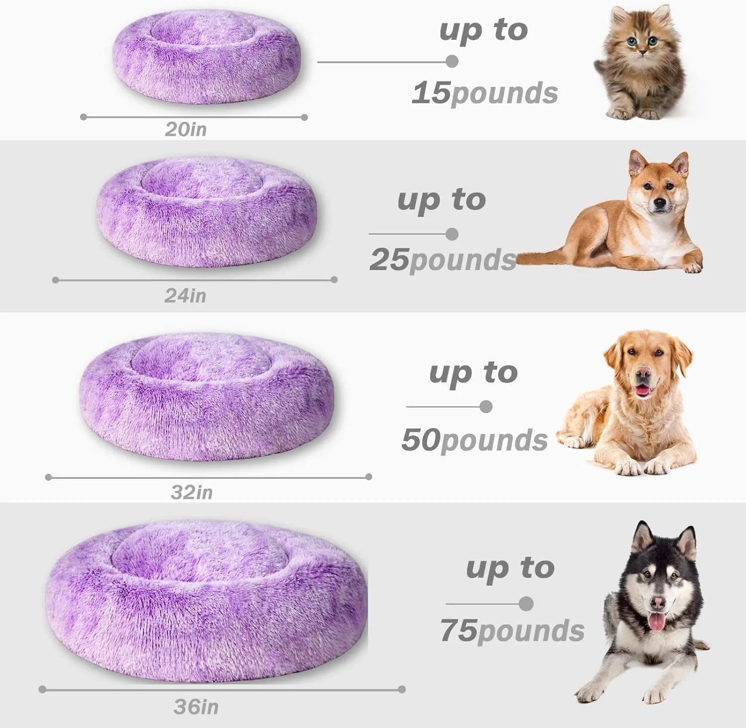 Patas Lague Calming Dog Bed for Small Dogs, Fluffy Soft Cozy Cat Bed, Faux Fur Anti-Anxiety Plush Washable Pet Donut Cuddler for All Seasons 20IN, Purple