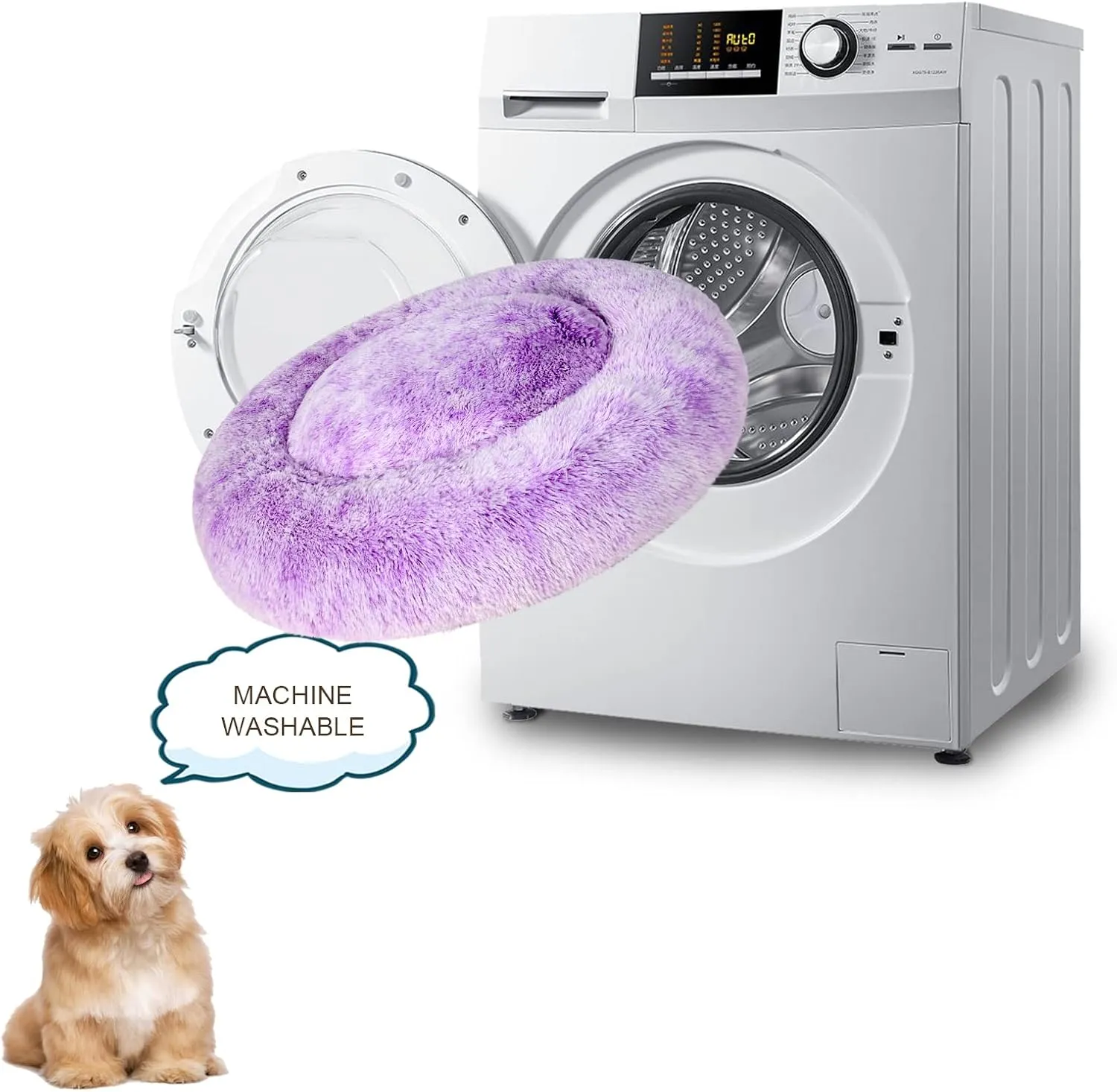 Patas Lague Calming Dog Bed for Small Dogs, Fluffy Soft Cozy Cat Bed, Faux Fur Anti-Anxiety Plush Washable Pet Donut Cuddler for All Seasons 20IN, Purple