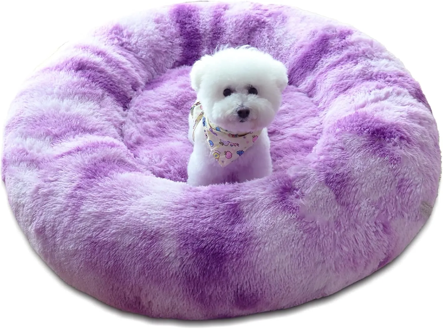 Patas Lague Calming Dog Bed for Small Dogs, Fluffy Soft Cozy Cat Bed, Faux Fur Anti-Anxiety Plush Washable Pet Donut Cuddler for All Seasons 20IN, Purple