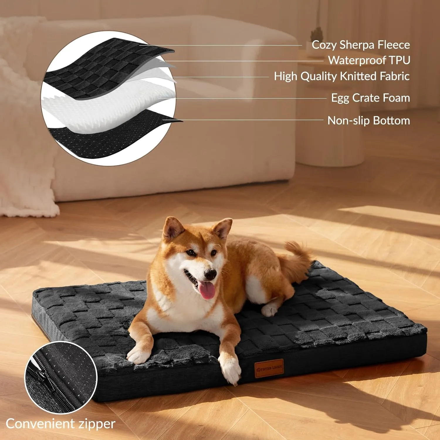 Patas Lague Orthopedic Dog Bed for Large Dogs, Waterproof Soft Warm Comfortable Egg Crate Foam Medium Pet Beds Mat with Removable Washable Cover and Nonskid Bottom, 36''X24'' Black