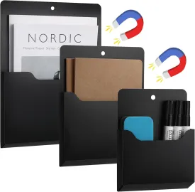 Patelai 3 Pcs Magnetic Wall File Holder Refrigerator Magnetic Locker Mail Organizer Wall Mount for File Cabinets Paper Magazine Pockets Storage Office(Multi Size,Black)