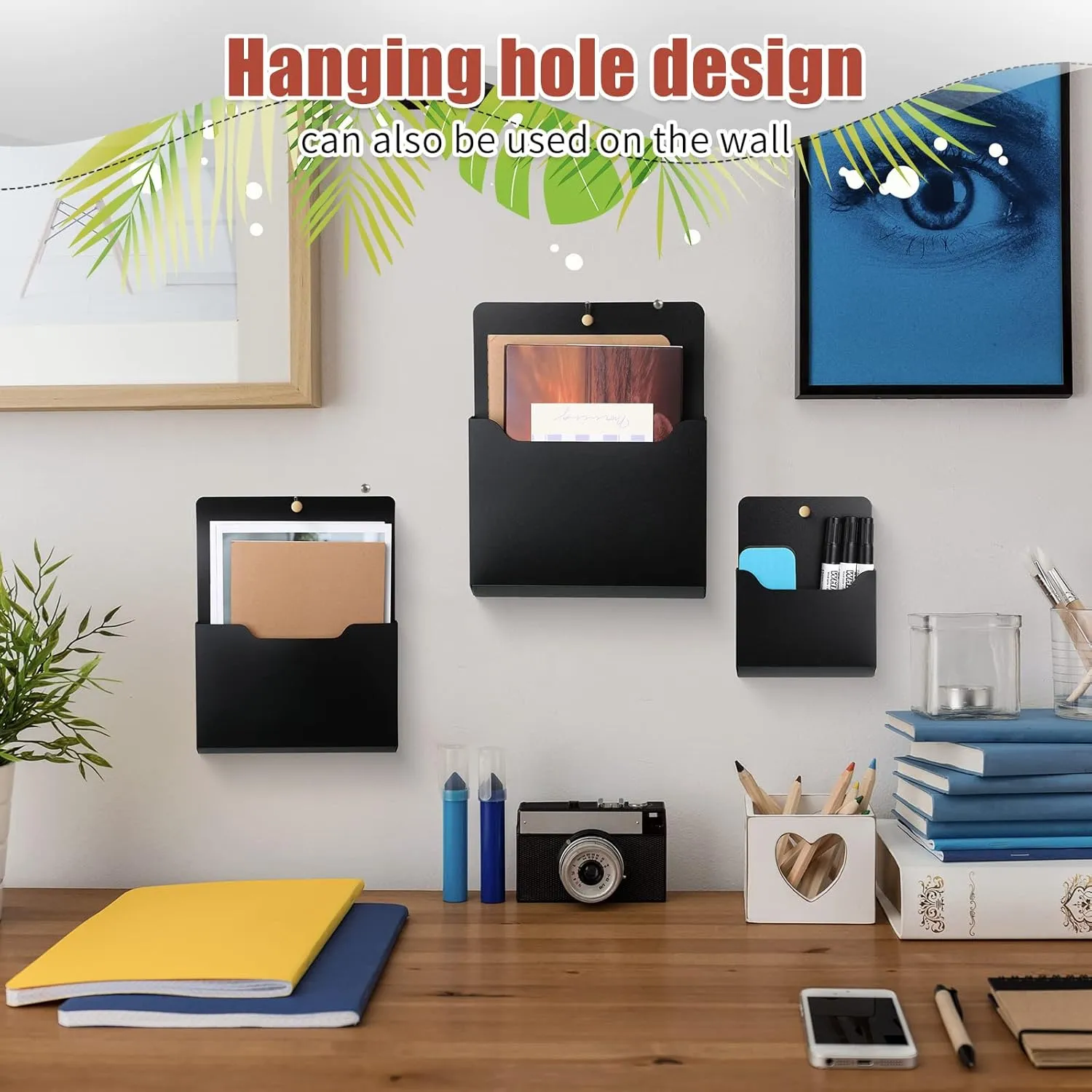 Patelai 3 Pcs Magnetic Wall File Holder Refrigerator Magnetic Locker Mail Organizer Wall Mount for File Cabinets Paper Magazine Pockets Storage Office(Multi Size,Black)