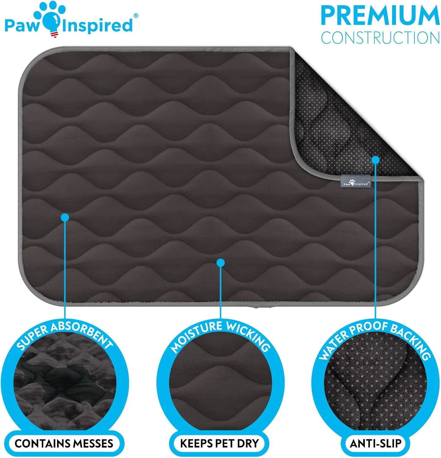 Paw Inspired Washable Padded Crate Mats for Dogs | 35 x 22 Pad, Fits 36-inch Kennels | Leakproof, Plush Pet Beds (Gray)