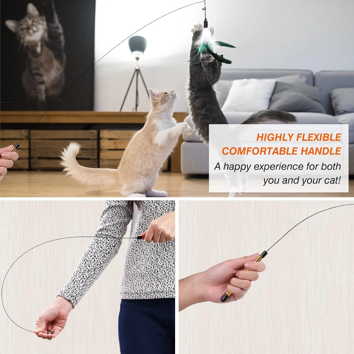 Pawaboo Feather Teaser Cat Toy, Interactive Feather Wand Cat Toy Flying Feather Cat Catcher with Extra Long 34.5" Wand and Small Bell, Fun Exerciser Playing Toy for Kitten or cat, White & Green