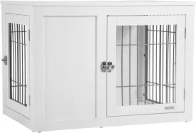 PawHut Dog Crate Furniture Wire Indoor Pet Kennel Cage, End Table with Double Doors, Locks for Small and Medium Dog House, White