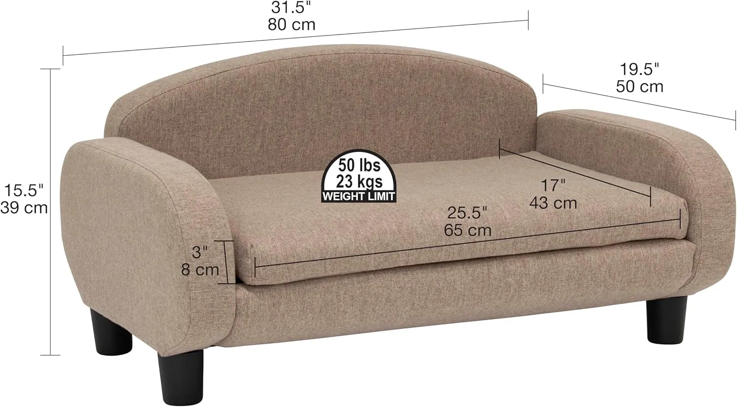 Paws & Purrs Modern Pet Sofa 31.5" Wide Low Back Lounging Bed with Removable Mattress Cover in Espresso/Sand