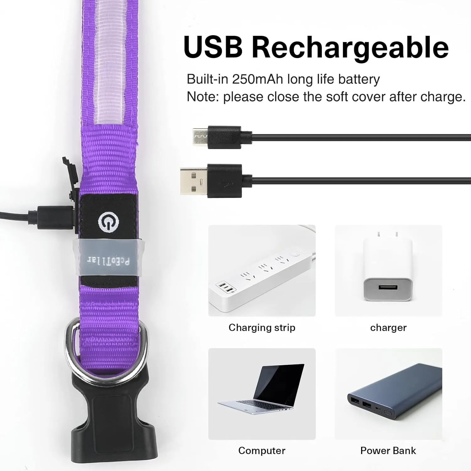 PCEoTllar Light Up Collar - Rechargeable LED Dog Collar with Automatic 7-Color Changes, Water Resistant, Bright Glow for Night Walking (Purple, S)