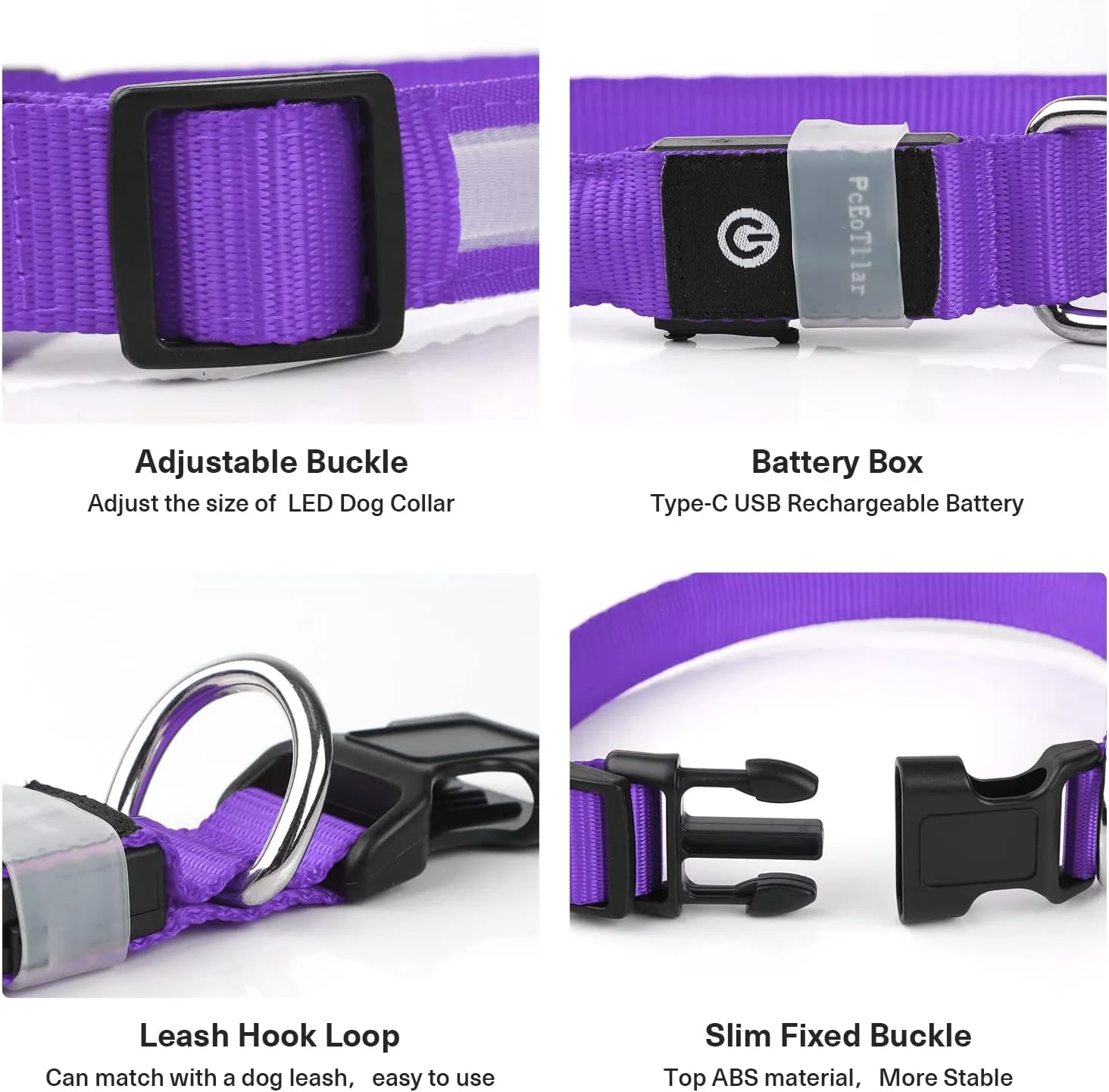 PCEoTllar Light Up Collar - Rechargeable LED Dog Collar with Automatic 7-Color Changes, Water Resistant, Bright Glow for Night Walking (Purple, S)