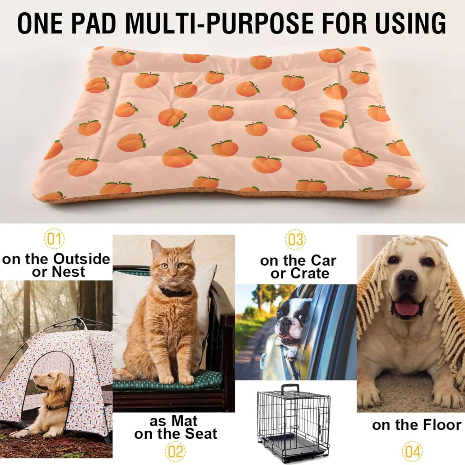 Peach Fruit Dog Bed Cat Bed Soft Washable Pet Crate Mat Non Slip Comfortable Durable Dog Crate Bed for Medium Large Small Dogs Cats, 24 x 36 Inch